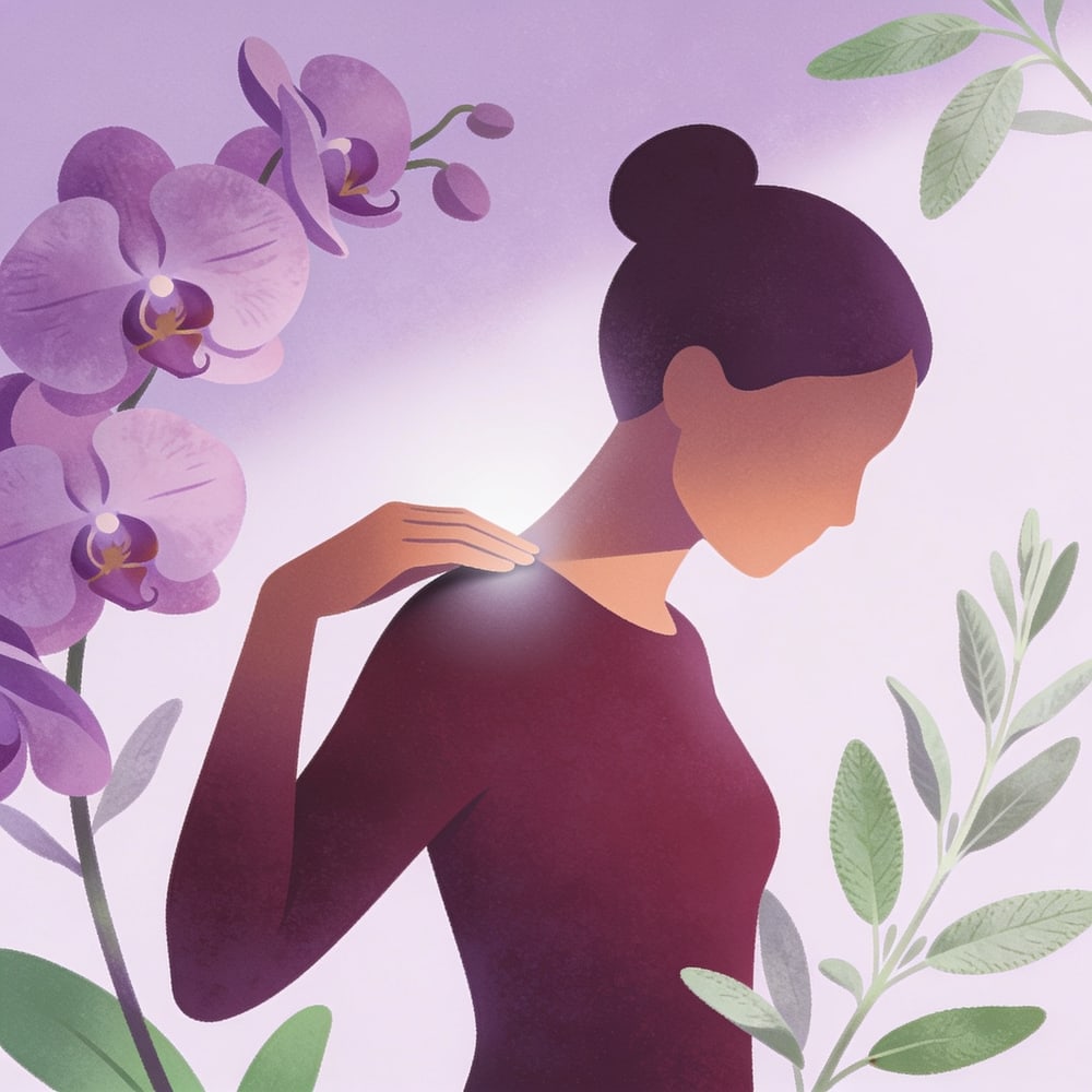 Ilustração: uma mulher em um gesto de autocuidado